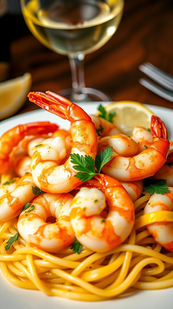 A delicious plate of shrimp scampi with garlic butter sauce, linguine, and lemon garnishes.